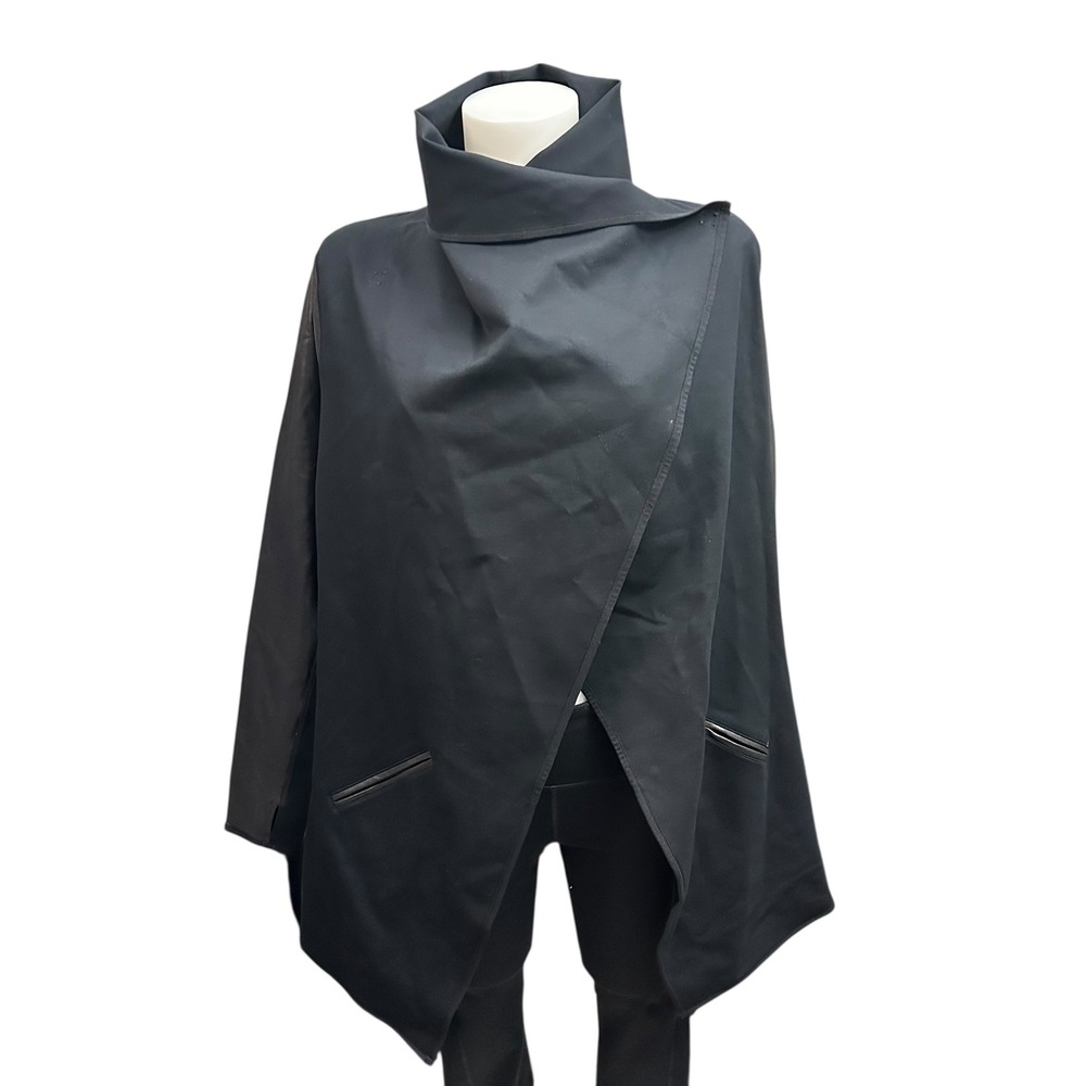 SPANX Drape Front Ponte Jacket Faux Leather Trim Stretch Black sz S w/Thumbholes